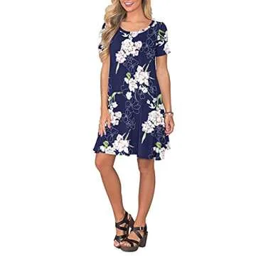 WNEEDU Women's Summer Casual T Shirt Dresses Short Sleeve Swing Dress with Pockets (L, Floral Navy Blue)
