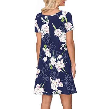 WNEEDU Women's Summer Casual T Shirt Dresses Short Sleeve Swing Dress with Pockets (L, Floral Navy Blue)