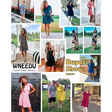 WNEEDU Women's Summer Casual T Shirt Dresses Short Sleeve Swing Dress with Pockets (L, Floral Navy Blue)