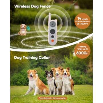 Htcuto Wireless Dog Fence System - 3500ft Range, 6000ft Remote Training Collar 2-in-1, Rechargeable, IPX7 Waterproof, 3 Modes (Beep, Vibration, Shock), Keypad Lock, LED Light for 10-130lbs Dogs