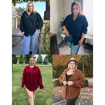 IN'VOLAND Womens Plus Size Corduroy Button Down Shirts Long Sleeve Oversized Fall Blouses Tops Casual Black Jacket 26W