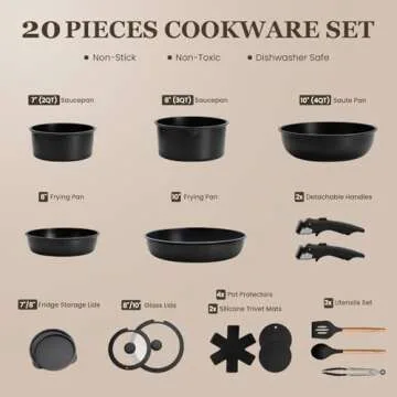 KIKCOIN 20 Pcs Pots and Pans Set Non Stick, Detachable Handle Cookware Sets Nonstick, Non Toxic Indu...