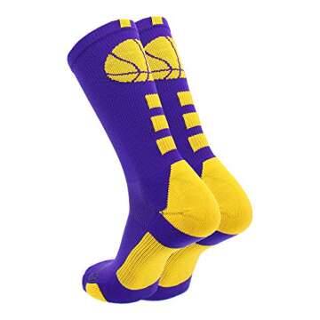 MadSportsStuff Basketball Socks with Basketball Logo Crew Socks (Purple/Gold, Small)