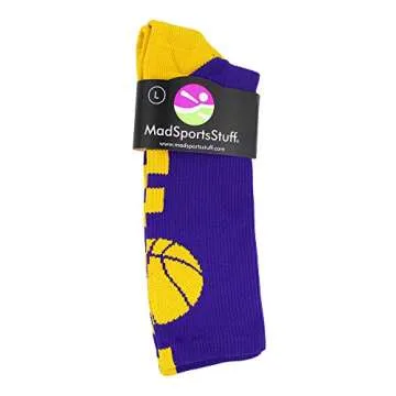 MadSportsStuff Basketball Socks with Basketball Logo Crew Socks (Purple/Gold, Small)