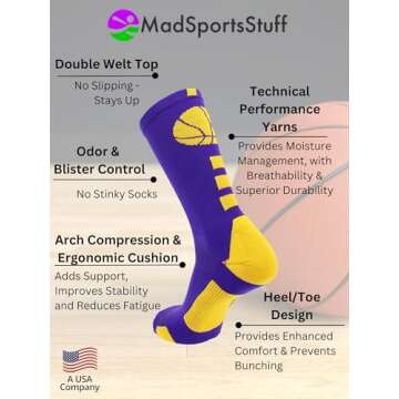 MadSportsStuff Basketball Socks with Basketball Logo Crew Socks (Purple/Gold, Small)