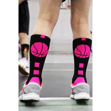 MadSportsStuff Basketball Socks with Basketball Logo Crew Socks (Purple/Gold, Small)