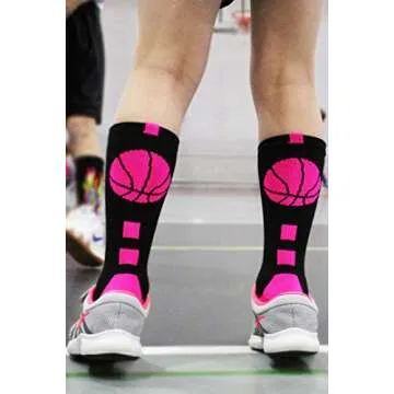 MadSportsStuff Basketball Socks with Basketball Logo Crew Socks (Purple/Gold, Small)