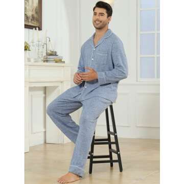 Veseacky Mens Pajamas Set Long Sleeve Soft Pajamas for Men Button Down Sleepwear Pjs Lounge Sets with Pockets (Blue,XL)