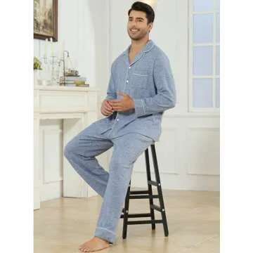 Veseacky Mens Pajamas Set Long Sleeve Soft Pajamas for Men Button Down Sleepwear Pjs Lounge Sets with Pockets (Blue,XL)