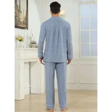 Veseacky Mens Pajamas Set Long Sleeve Soft Pajamas for Men Button Down Sleepwear Pjs Lounge Sets with Pockets (Blue,XL)