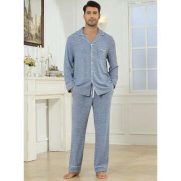 Veseacky Mens Pajamas Set Long Sleeve Soft Pajamas for Men Button Down Sleepwear Pjs Lounge Sets with Pockets (Blue,XL)