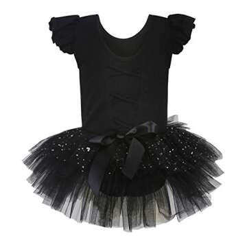 MdnMd Cap Sleeve Ballet Dance Leotard for Girls with Short Skirt Back (Age 8-10, Black)