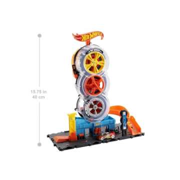 Hot Wheels Toy Car Track Set City Super Twist Tire Shop with 1:64 Scale Car, Single or Multi-Car Pla...