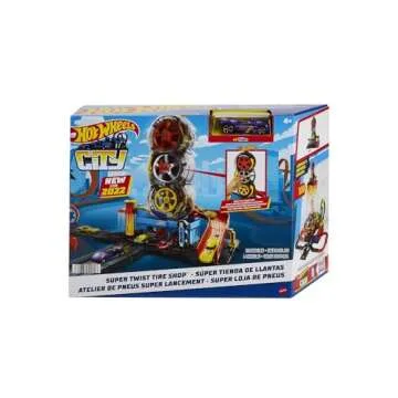 Hot Wheels Toy Car Track Set City Super Twist Tire Shop with 1:64 Scale Car, Single or Multi-Car Play