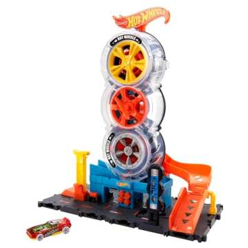 Hot Wheels Toy Car Track Set City Super Twist Tire Shop with 1:64 Scale Car, Single or Multi-Car Play