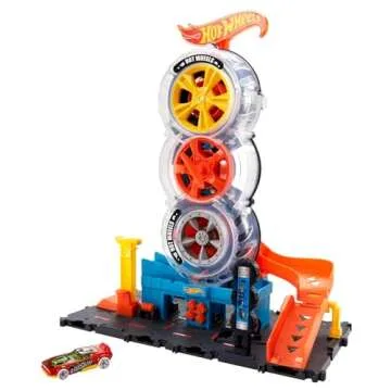 Hot Wheels Toy Car Track Set City Super Twist Tire Shop with 1:64 Scale Car, Single or Multi-Car Play