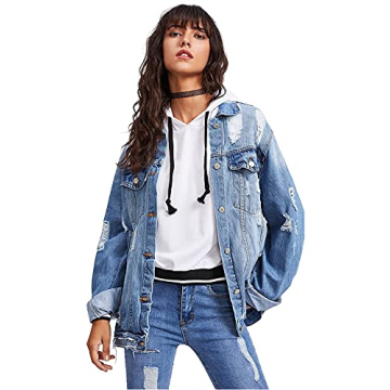 Floerns Women's Ripped Distressed Casual Long Sleeve Denim Jacket Blue S
