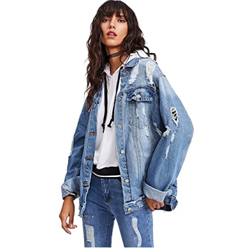 Floerns Women's Oversized Ripped Denim Jacket for Casual Style