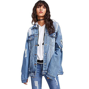 Floerns Women's Oversized Ripped Denim Jacket for Casual Style