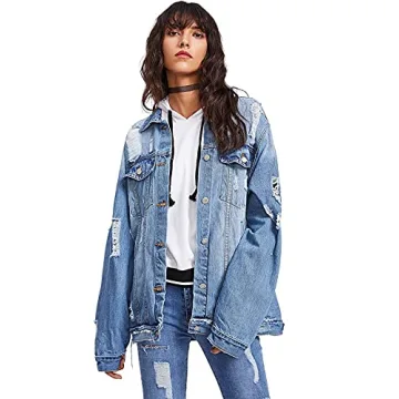 Floerns Women's Oversized Ripped Denim Jacket for Casual Style