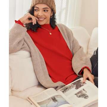 LuckyMore Womens Fall Tops 2024 Petite Turtleneck Oversized Waffle Knit Sweaters Cute Winter Tops Red XL