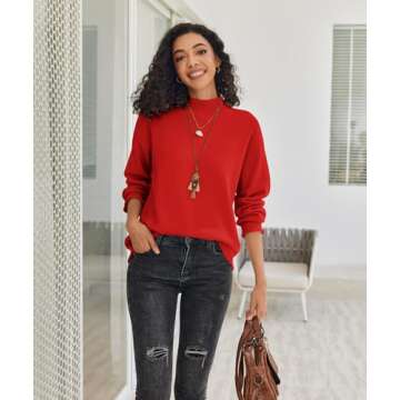 LuckyMore Womens Fall Tops 2024 Petite Turtleneck Oversized Waffle Knit Sweaters Cute Winter Tops Red XL