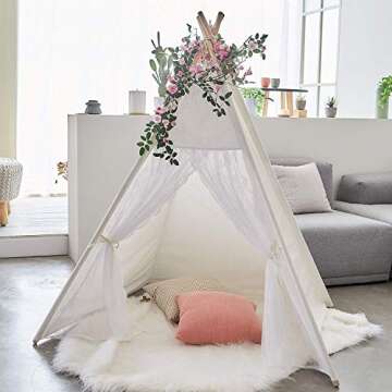 Lace Teepee for Girls, Teepee Tent for Kids Teepee Boho Teepee Tent White Teepee with 6.5Ft Rose Vine Flowers, Kids Room Decor