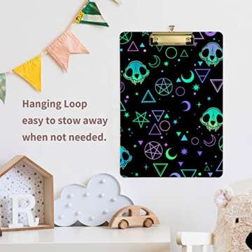 Yasala Acrylic Clipboard Spooky Skull Magic Moon Star Sign A4 Letter Size Standard Clip Board with Golden Metal Low Profile Clip Back to School 9" × 12.5"