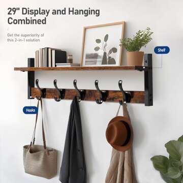 Tatub 29" Rustic Coat Rack Wall Mount with Shelf, Wall Hooks with Shelf, Entryway Floating Shelf wit...