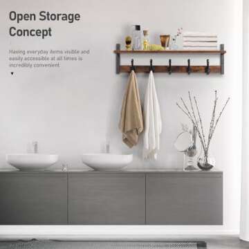 Tatub 29" Rustic Coat Rack Wall Mount with Shelf, Wall Hooks with Shelf, Entryway Floating Shelf with 5 Metal Hooks, Coat Hangers for Entryway, Living Room, Bedroom, Brown Black