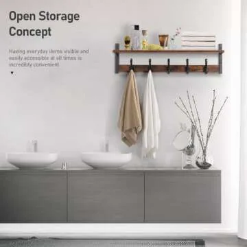 Tatub 29" Rustic Coat Rack Wall Mount with Shelf, Wall Hooks with Shelf, Entryway Floating Shelf with 5 Metal Hooks, Coat Hangers for Entryway, Living Room, Bedroom, Brown Black