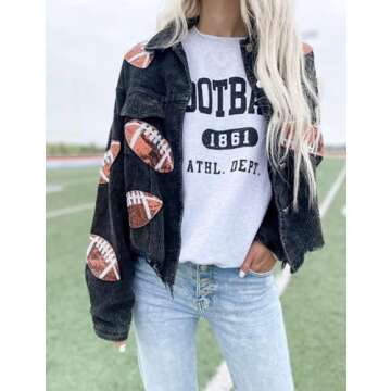 SeekMe Women's Cropped Corduroy Jacket Football Sequin Patched Short Button Raw Hem Jacket Coat(1756-Black-XL-FY)