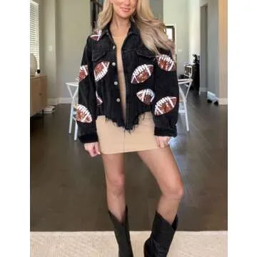 SeekMe Women's Cropped Corduroy Jacket Football Sequin Patched Short Button Raw Hem Jacket Coat(1756-Black-XL-FY)