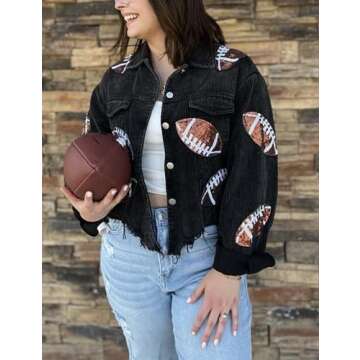 SeekMe Women's Cropped Corduroy Jacket Football Sequin Patched Short Button Raw Hem Jacket Coat(1756-Black-XL-FY)