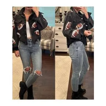 SeekMe Women's Cropped Corduroy Jacket Football Sequin Patched Short Button Raw Hem Jacket Coat(1756-Black-XL-FY)