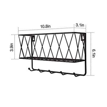 OROPY Mail Holder with Key Hooks, 11in L×3.1in W×6.1in H, Wall Mounted Matte Black Metal Wire Mesh Storage Basket with 5 Hooks, Easy to Organize Letters, Magazines, Keys, Leashes for Entryway