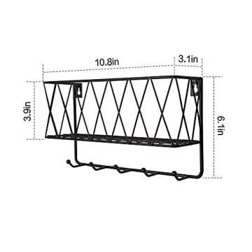 OROPY Mail Holder with Key Hooks, 11in L×3.1in W×6.1in H, Wall Mounted Matte Black Metal Wire Mesh Storage Basket with 5 Hooks, Easy to Organize Letters, Magazines, Keys, Leashes for Entryway