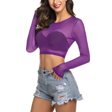 Avidlove Mesh Crop Top Long Sleeve See Through Tops Sexy Tee Blouse Purple L