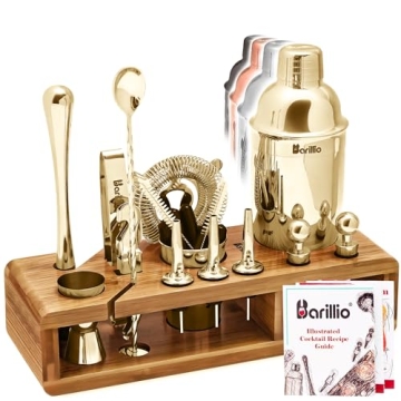 Barillio Gold Bartender Kit - Stainless-Steel Cocktail Shaker Set w/Bamboo Stand - Mixology Bar Tool...