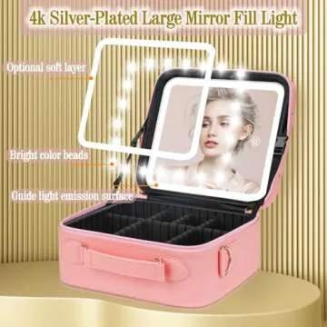 ViKert Travel Makeup Bag with Light Up Mirror,Makeup Travel Case with adjustable dividers,Waterproof Makeup Train Case,lighted Makeup Case with Detachable Mirror