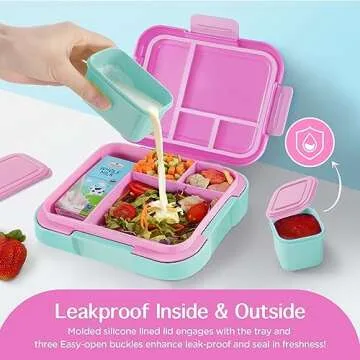 Caperci Bento Box for Kids - Large 4.8 Cups Lunch Box with Two Modular Containers - 4 Compartments, Leak-Proof, Portable Handle, Microwave/Dishwasher Safe, BPA-Free (Orchid/Light Cyan)