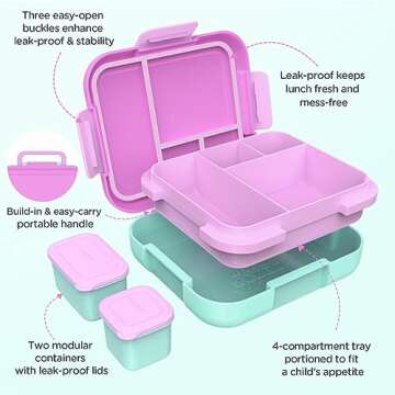 Caperci Bento Box for Kids - Large 4.8 Cups Lunch Box with Two Modular Containers - 4 Compartments, Leak-Proof, Portable Handle, Microwave/Dishwasher Safe, BPA-Free (Orchid/Light Cyan)