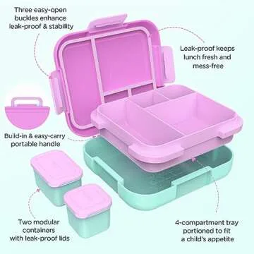 Caperci Bento Box for Kids - Large 4.8 Cups Lunch Box with Two Modular Containers - 4 Compartments, Leak-Proof, Portable Handle, Microwave/Dishwasher Safe, BPA-Free (Orchid/Light Cyan)