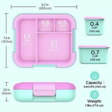 Caperci Bento Box for Kids - Large 4.8 Cups Lunch Box with Two Modular Containers - 4 Compartments, Leak-Proof, Portable Handle, Microwave/Dishwasher Safe, BPA-Free (Orchid/Light Cyan)