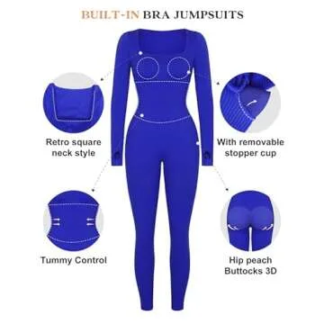 Popilush Jumpsuits for Women Long Sleeve Built-In Bra Square Neck Full Length Leggings Bodycon Stretch Workout Outfits