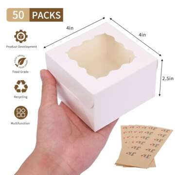 Moretoes 50pcs White Cookie Boxes with Window, 4x4x2.5 Inches Bakery Boxes, Treat Boxes, Valentine's...
