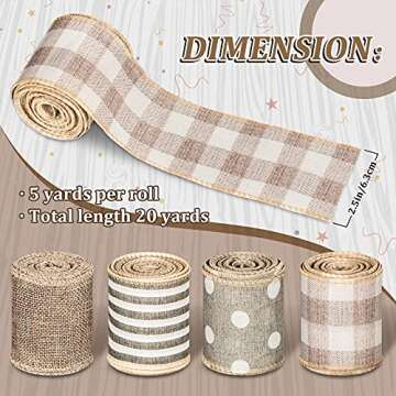 Whaline Farmhouse Wired Edge Ribbon 4 Rolls White Polka Dots Buffalo Plaid Stripe Ribbon Rustic Farm...
