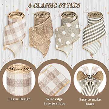 Whaline Farmhouse Wired Edge Ribbon 4 Rolls White Polka Dots Buffalo Plaid Stripe Ribbon Rustic Farmhouse Craft Ribbon for Spring Wedding Ribbon Wreaths Assorted DIY Gift Wrapping 2.5In x 20 Yard