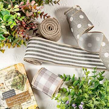 Whaline Farmhouse Wired Edge Ribbon 4 Rolls White Polka Dots Buffalo Plaid Stripe Ribbon Rustic Farmhouse Craft Ribbon for Spring Wedding Ribbon Wreaths Assorted DIY Gift Wrapping 2.5In x 20 Yard