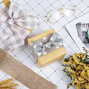 Whaline Farmhouse Wired Edge Ribbon 4 Rolls White Polka Dots Buffalo Plaid Stripe Ribbon Rustic Farmhouse Craft Ribbon for Spring Wedding Ribbon Wreaths Assorted DIY Gift Wrapping 2.5In x 20 Yard